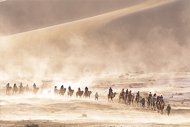 Tourists riding camels at Mount Mingshan, Dunhuang, Gansu Province, China, Asia