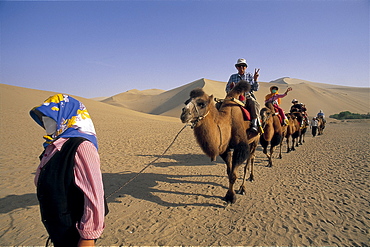 Tourists riding camels at Mount Mingshan, Dunhuang, Gansu Province, China, Asia