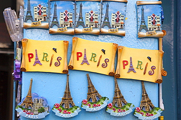 Fridge magnet display depicting Paris landmarks, Paris, France, Europe