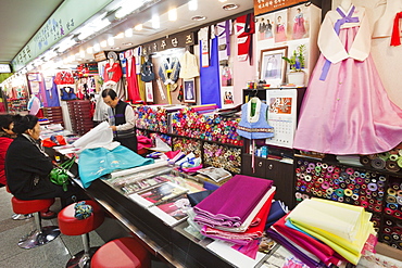 Shop selling Korean Hanbok dresses, Dongdaemun Market, Seoul, South Korea, Asia