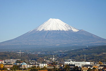 View of Mount Fuji from the Shinkansen Bullet Train near Fuji City, Japan, Asia