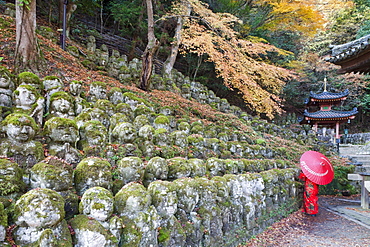 Carved stone figures of Rakan, disciples of Shaka the founder of Buddhism, Otagi Nembutsu-ji Temple, Arashiyama, Kyoto, Japan, Asia