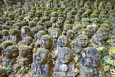 Carved stone figures of Rakan, disciples of Shaka the founder of Buddhism, Otagi Nembutsu-ji Temple, Arashiyama, Kyoto, Japan, Asia