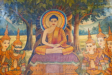 Mural depicting  Life of the Buddha, Wat Phnom, Phnom Penh, Cambodia, Indochina, Southeast Asia, Asia