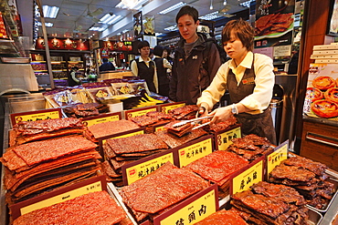 Shop display of pressed meat, a speciality of Macau, Macau, China, Asia