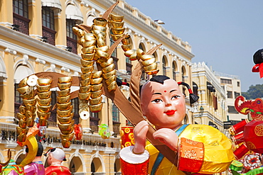 Senado Square with display of Chinese New Year decorations, Macau, China, Asia