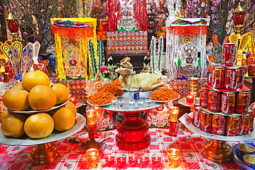 Offerings of fruit meat and drinks in typical Taoist temple, Bach Ma Temple, Hanoi, Vietnam, Indochina, Southeast Asia, Asia