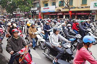 Motorbike traffic, Hanoi, Vietnam, Indochina, Southeast Asia, Asia