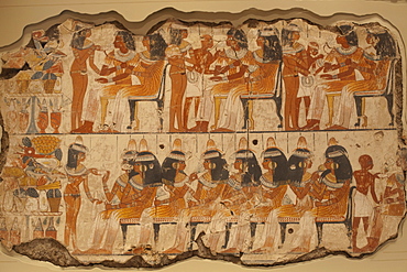 Wall painting of guests at the banquet from Nebamun's Tomb Chapel in Thebes dating from 1350 BC, British Museum, Bloomsbury, London, England, United Kingdom, Europe