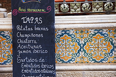 Restaurant menu sig and tilework, The Gothic Quarter, Barcelona, Catalonia, Spain, Europe