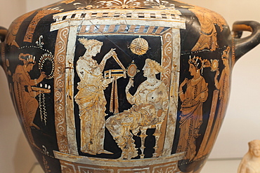 Painted water jar showing woman and maid from Apulia in Italy dating from 350 BC, British Museum, Bloomsbury, London, England, United Kingdom, Europe