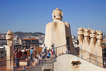 Rooftop chimneys, Casa Mila (La Pedrera), UNESCO World Heritage Site, Barcelona, Catalonia, Spain, Europe