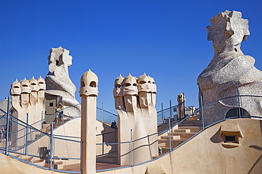 Rooftop chimneys, Casa Mila (La Pedrera), UNESCO World Heritage Site, Barcelona, Catalonia, Spain, Europe