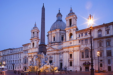 Fountain of the Four Rivers and Sant' Agnese in Agone Church, Piazza Navona, Rome, Lazio, Italy, Europe