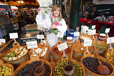 Olive stall, Borough Market, Southwark, London, England, United Kingdom, Europe