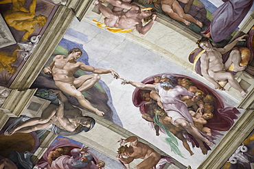 Michelangelo's fresco of The Creation of Adam, Sistine Chapel, Vatican Museum, The Vatican, Rome, Lazio, Italy, Europe