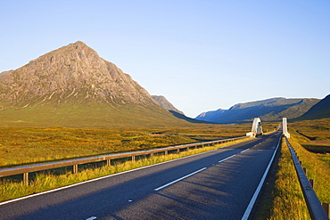 Empty road and Buchaille Etive Mor, Glen Coe, Highlands, Scotland, United Kingdom, Europe