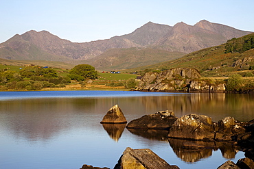 View of Mount Snowdon at Capel Curig with Llynnall Mymbyr Lake, Snowdonia National Park, Gwynedd, Wales, United Kingdom, Europe