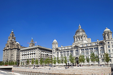 Pierhead with Port of Liverpool, Cunard and Royal Liver Historical Buildings, Liverpool, Merseyside, England, United Kingdom, Europe