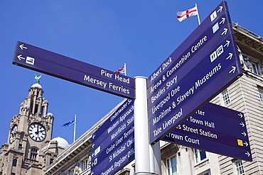 Street signpost, Pier Head, Liverpool, Merseyside, England, United Kingdom, Europe