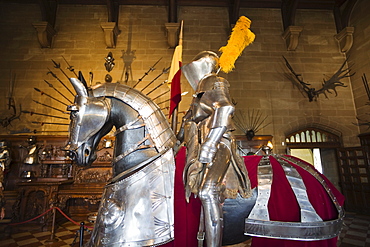 Display of knight and horse armour, Warwick Castle, Warwick, Warwickshire, England, United Kingdom, Europe