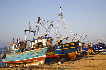 The Stade, shore based fishing boats on beach, Hastings, East Sussex, England, United Kingdom, Europe