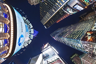 Fisheye lens image of night time at Times Square in New York, New York State, United States of America, North America