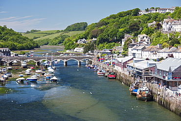 Looking towards the harbour and bridge in Looe, Cornwall, England, United Kingdom, Europe