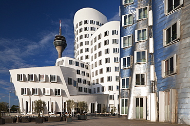 Neuer Zollhof office buildings with Rheinturm in background, Medienhafen, Dusseldorf, Germany, Europe