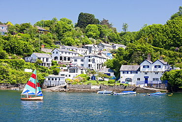 A dinghy sails past the village of Boddinick near Fowey, Cornwall, England, United Kingdom, Europe