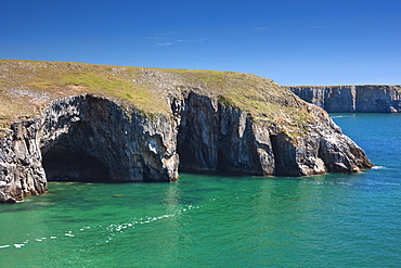 Caves at Raming Hole, looking towards Stackpole Head, Pembrokeshire, Wales, United Kingdom, Europe