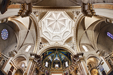 Fisheye image of the interior of Valencia Cathedral in Valencia, Spain, Europe