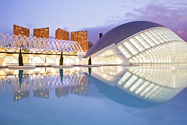 Perfect dusk reflections at the City of Arts and Sciences in Valencia, Spain, Europe