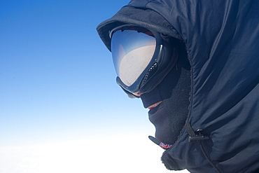 Portrait of polar explorer dressed for Arctic conditions, inland ice, Greenland, Polar Regions