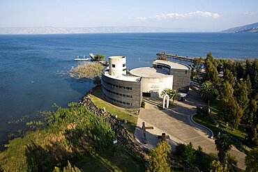 Aerial photograph of Kibutz Ginosar near the Sea of Galilee, Israel