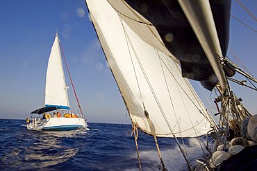 Sail boat cruising on the Mediterranean sea