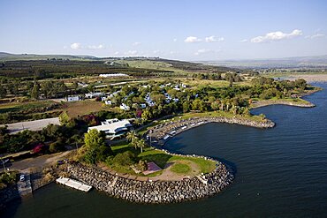 Aerial Amnon beach in the sea of Galilee, Israel