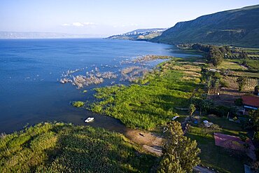 Aerial photograph of Kibutz Ginosar near the Sea of Galilee, Israel