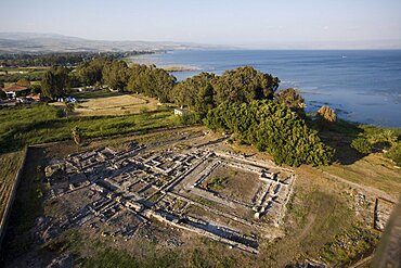 Aerial archeologic site of Magdala in the Sea of Galilee, Israel