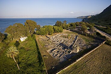 Aerial archeologic site of Magdala in the Sea of Galilee, Israel