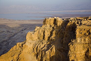 Aerial northern palace of the Jewish fortress of Masada rebuilt by Herod between 37 to 31 BC, Israel