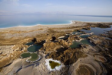 Aerial view of ponors in the shores of the Dead sea, Israel