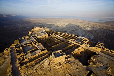 Aerial view of the ruins of the northern Palace of the archeologic site of Masada build by Herod the Great between 37 BC to 31 BC, Israel