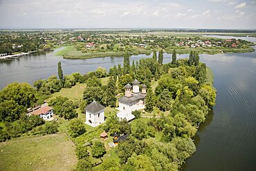 Aerial photograph of a church in Romania