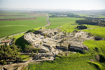 Aerial Megido mound in the Jezreel valley, Israel