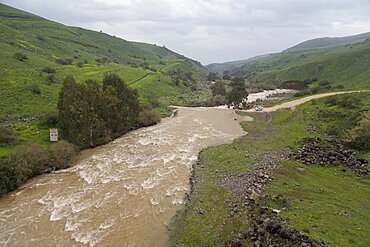 Aerial Jordan river in the Golan Heights, Israel