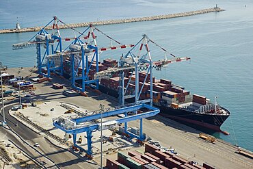 Aerial view of a container ship at the port of Haifa, Israel