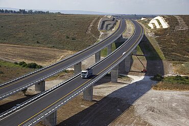 Aerial view of the toll road Highway number 6 over the Menashe heights, Israel