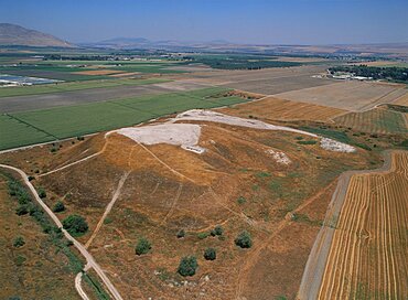 Aerial view of the ancient mound of Rehov in the Jordan Valley near the modern Beit Shean, Israel