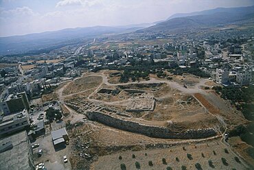 Aerial photo of the ruins of the Roman city of Flavia Neapolis in the modern city of Nablus, Israel